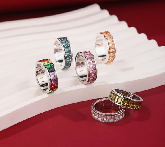Emerald Cut Eternity Rainbow Ring, Birthstone Ring, Baguette Ring, Thumb Ring with Cubic Zirconia
