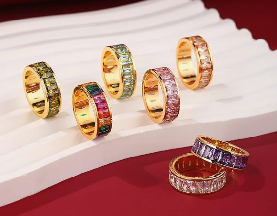 Emerald Cut Eternity Rainbow Ring, Birthstone Ring, Baguette Ring, Thumb Ring with Cubic Zirconia