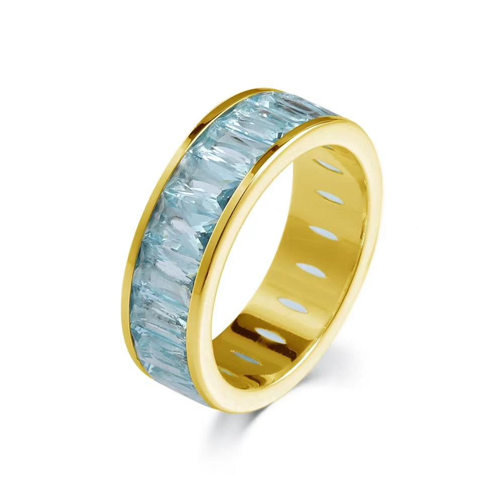 Emerald Cut Eternity Rainbow Ring, Birthstone Ring, Baguette Ring, Thumb Ring with Cubic Zirconia