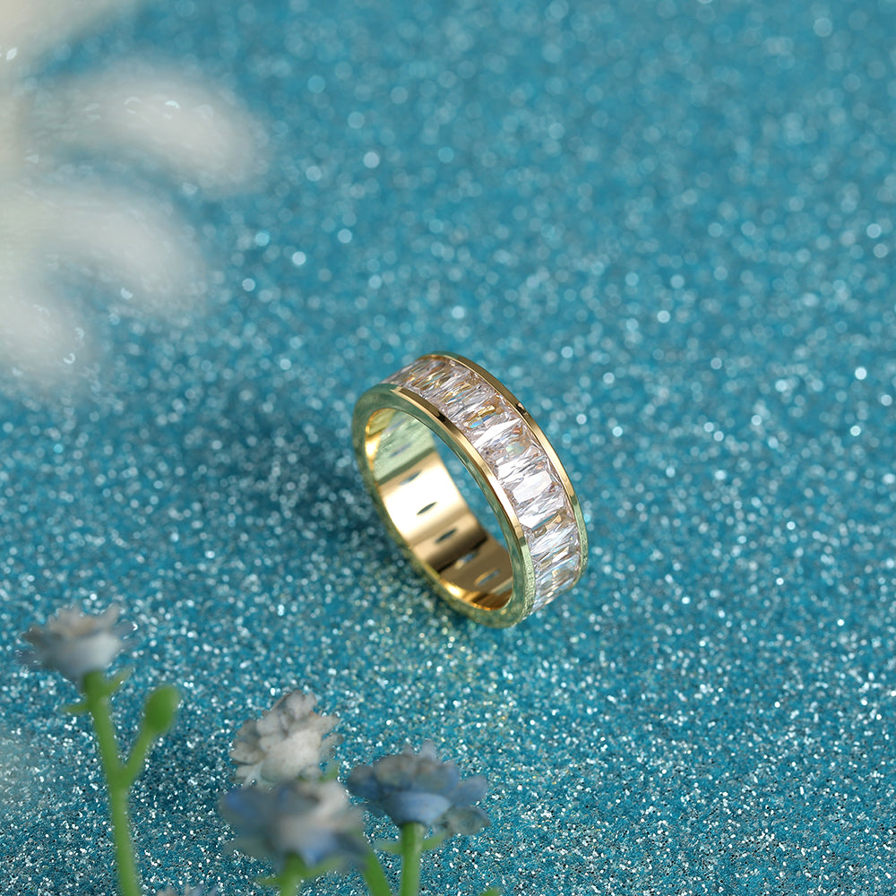 Emerald Cut Eternity Rainbow Ring, Birthstone Ring, Baguette Ring, Thumb Ring with Cubic Zirconia