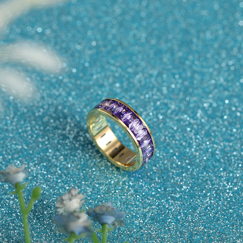 Emerald Cut Eternity Rainbow Ring, Birthstone Ring, Baguette Ring, Thumb Ring with Cubic Zirconia