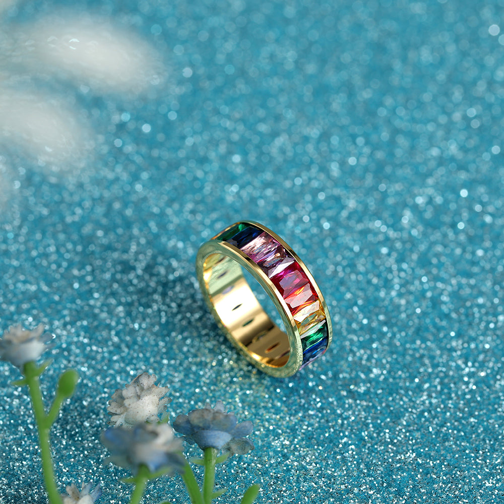 Emerald Cut Eternity Rainbow Ring, Birthstone Ring, Baguette Ring, Thumb Ring with Cubic Zirconia