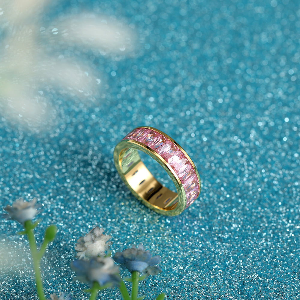 Emerald Cut Eternity Rainbow Ring, Birthstone Ring, Baguette Ring, Thumb Ring with Cubic Zirconia