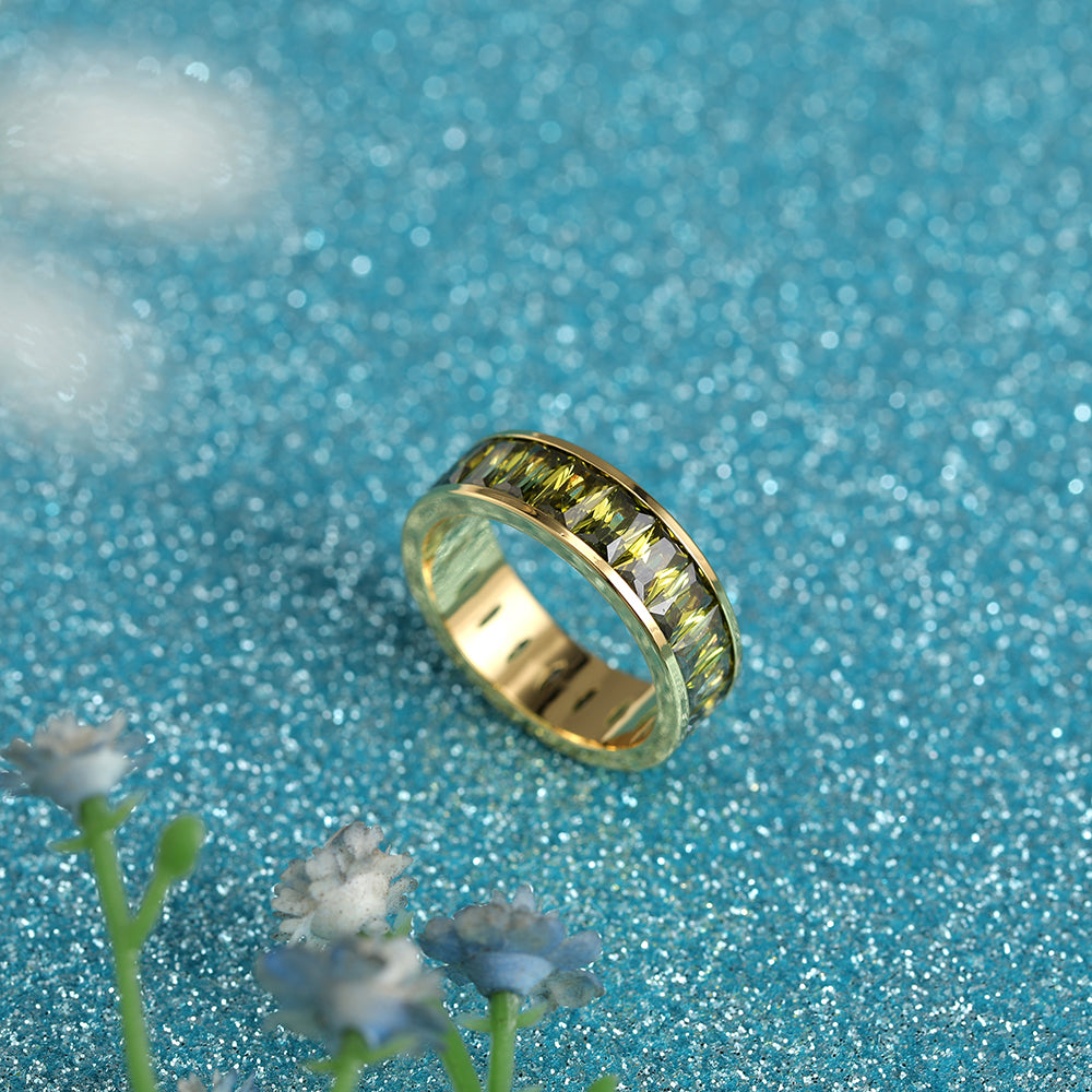 Emerald Cut Eternity Rainbow Ring, Birthstone Ring, Baguette Ring, Thumb Ring with Cubic Zirconia