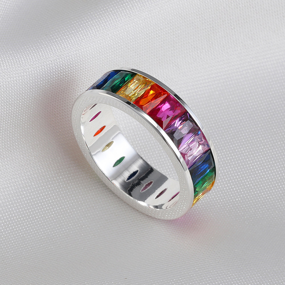 Emerald Cut Eternity Rainbow Ring, Birthstone Ring, Baguette Ring, Thumb Ring with Cubic Zirconia